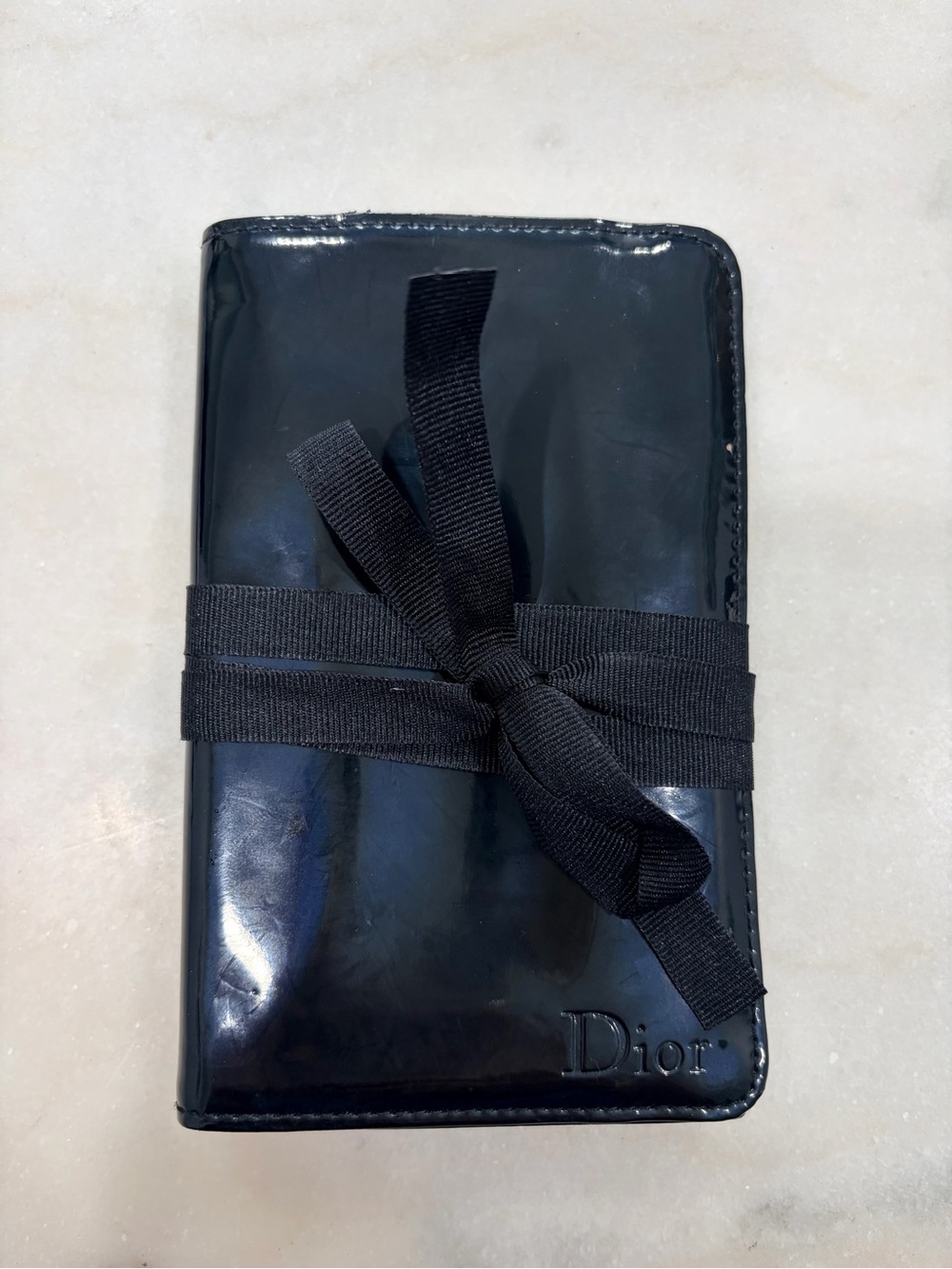 Dior Black Patent Leather Cosmetic Case with Ribbon Tie, brush